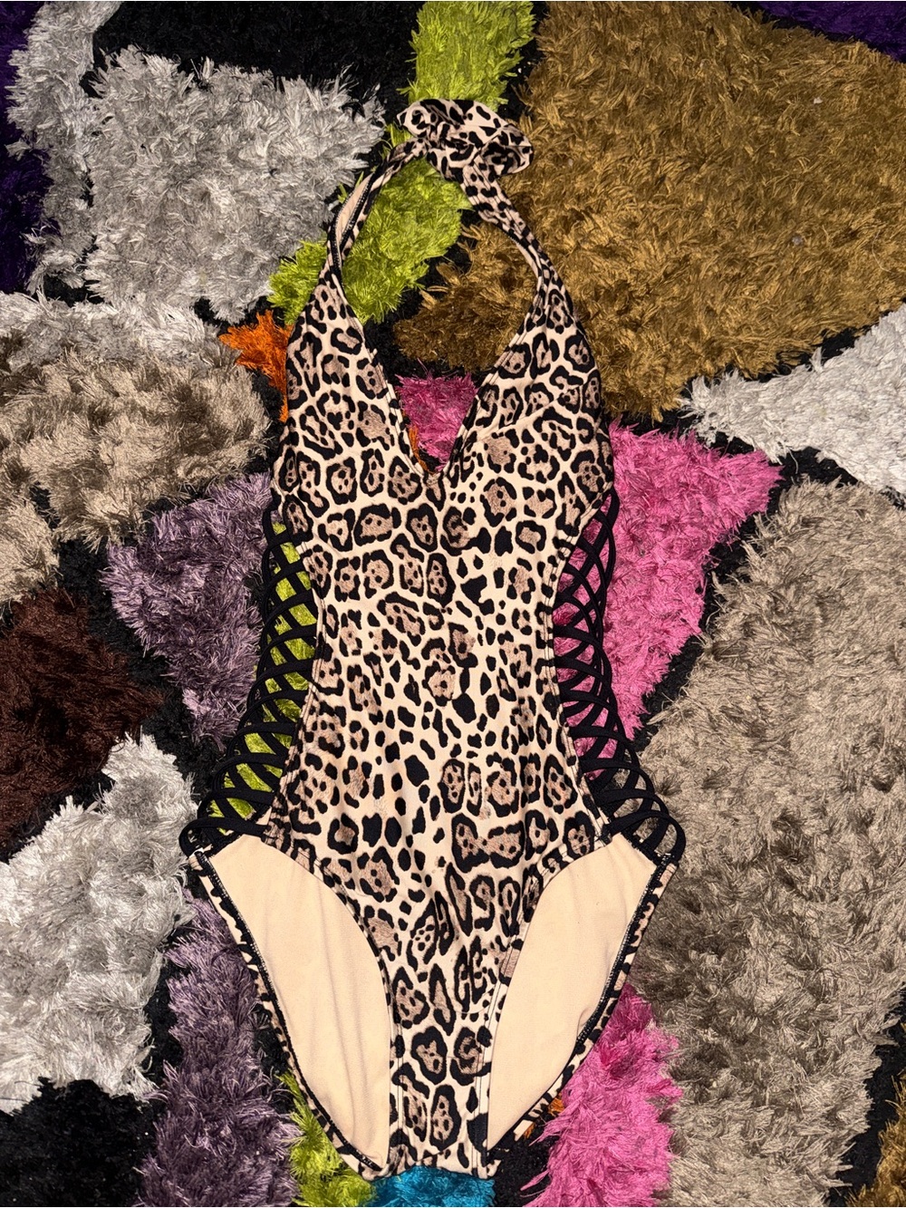 Kenneth Cole Leopard Print One-Piece Swimsuit with Black Lattice Sides